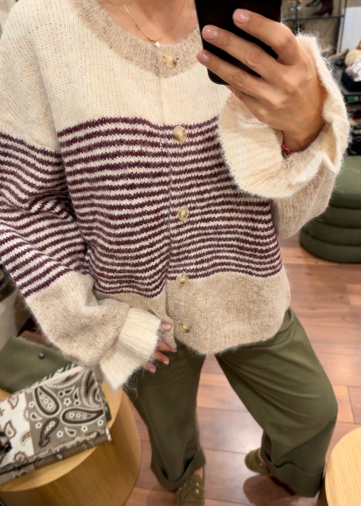 Gilet maille à rayures - beige/bordeaux