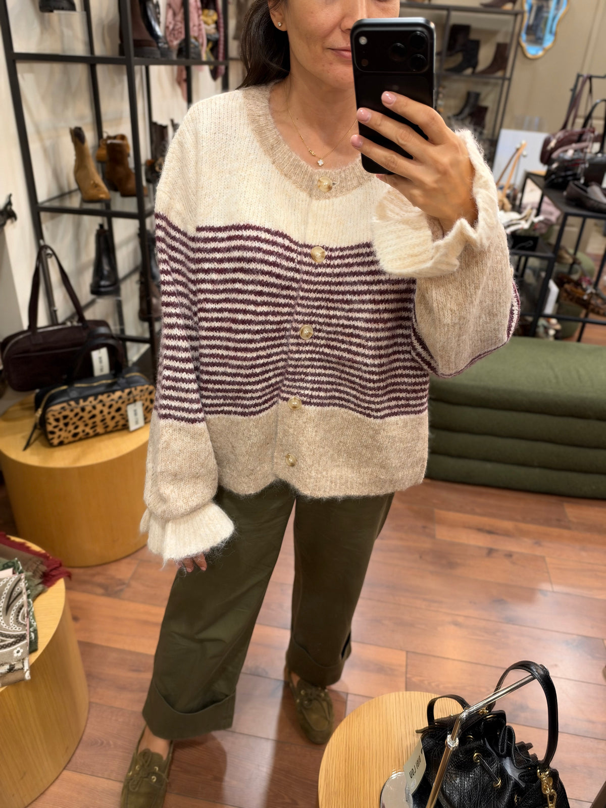 Gilet maille à rayures - beige/bordeaux