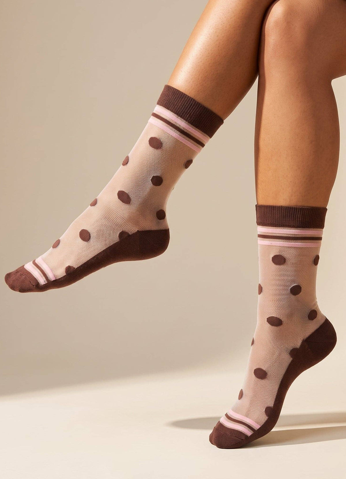 Sock Talk - Chaussettes transparentes à pois et rayures — marron/rose pâle - L'adresse Corte