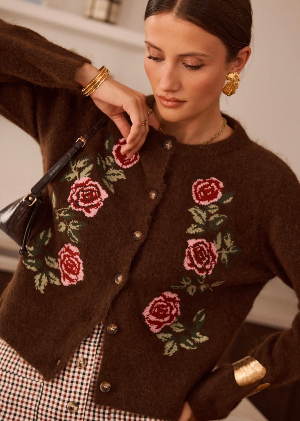 Gilet maille à broderies - Chocolat