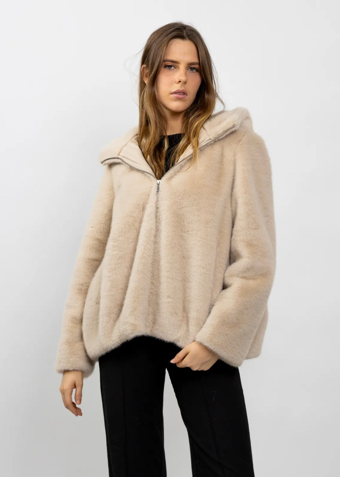 Veste à capuche - Fausse fourrure beige KZELL PARIS