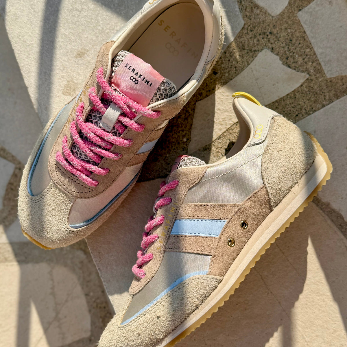 Baskets femmes Serafini Lady D suède beige et bleu printemps 2025