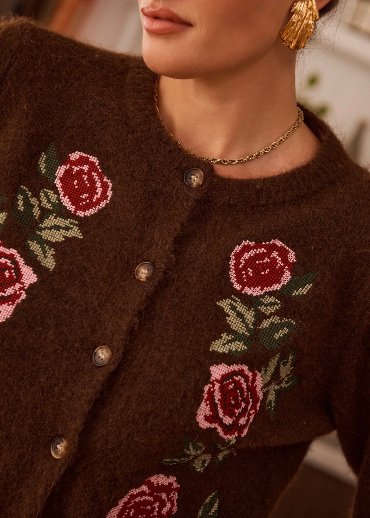 Gilet maille à broderies - Chocolat