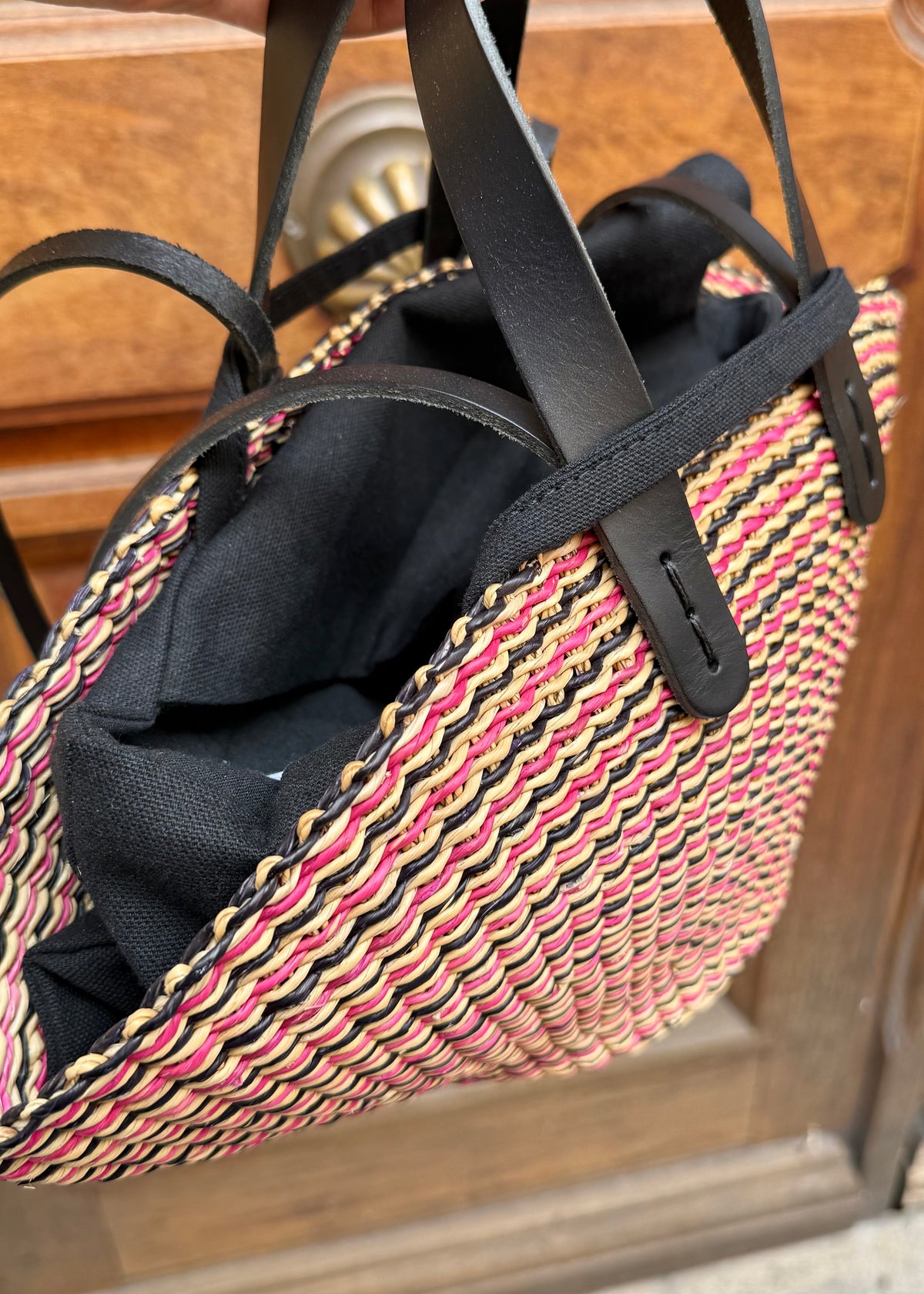 Panier Muuñ Mini Sophie Hstripes- Pink - Black Handles - L'adresse Corte 