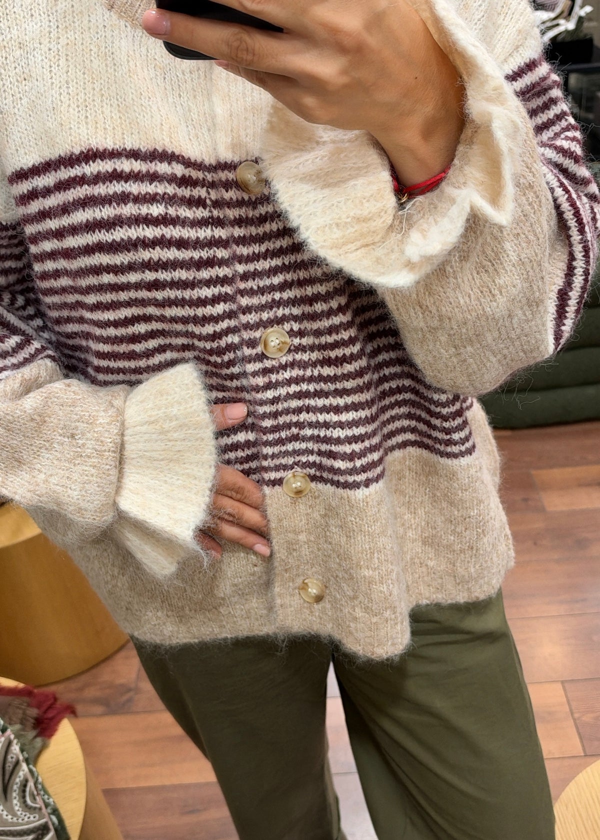 Gilet maille à rayures - beige/bordeaux